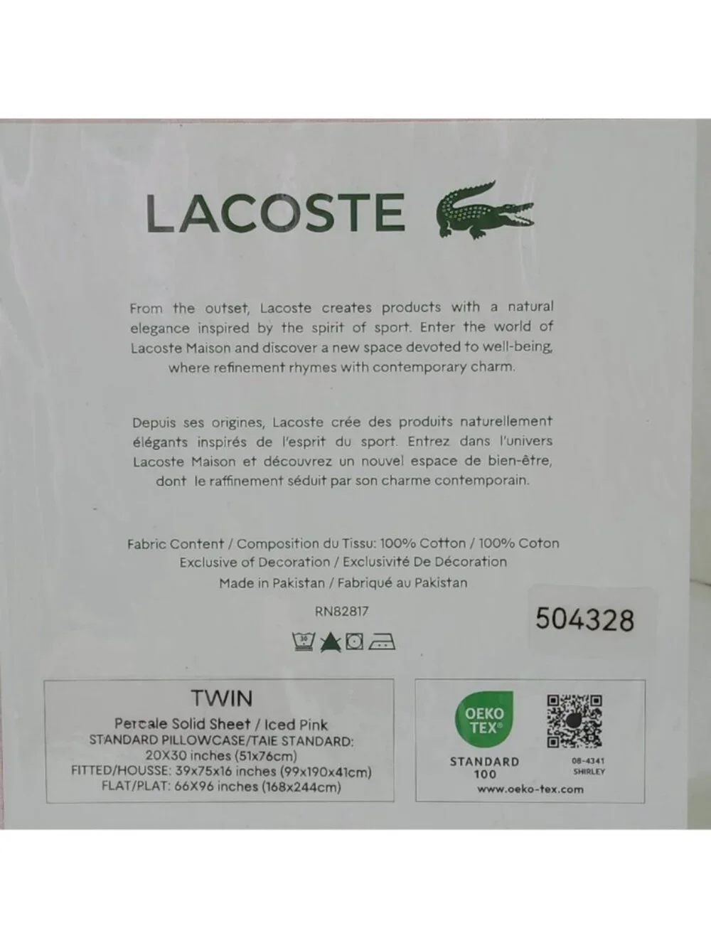 Lacoste Twin Sheet Set Pink 100% Cotton Percale Lightweight & Durable 3 Piece